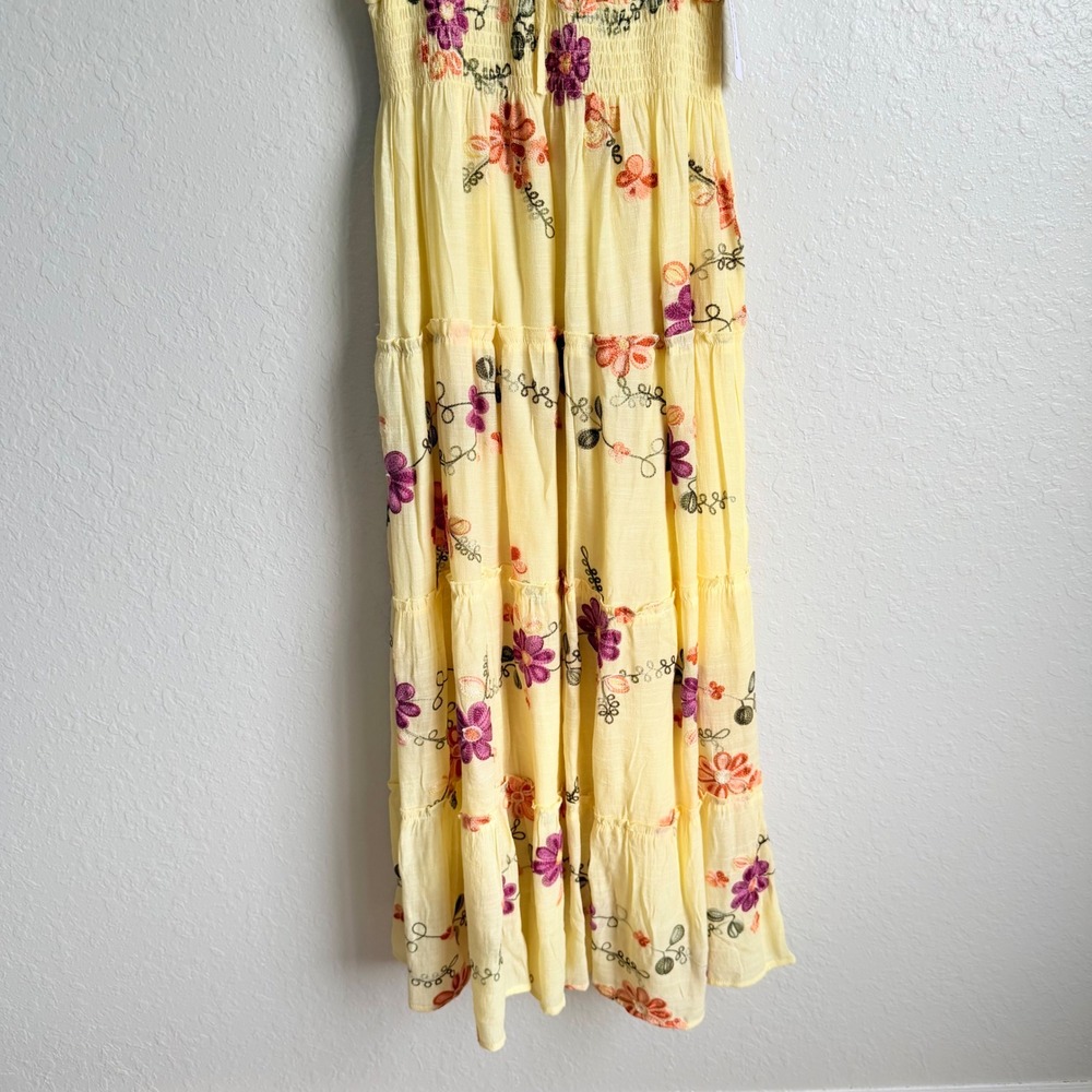 Anthro Kindred Smocked Maxi Dress Butter Yellow Embroidered NWT Cottagecore - Picture 3 of 16